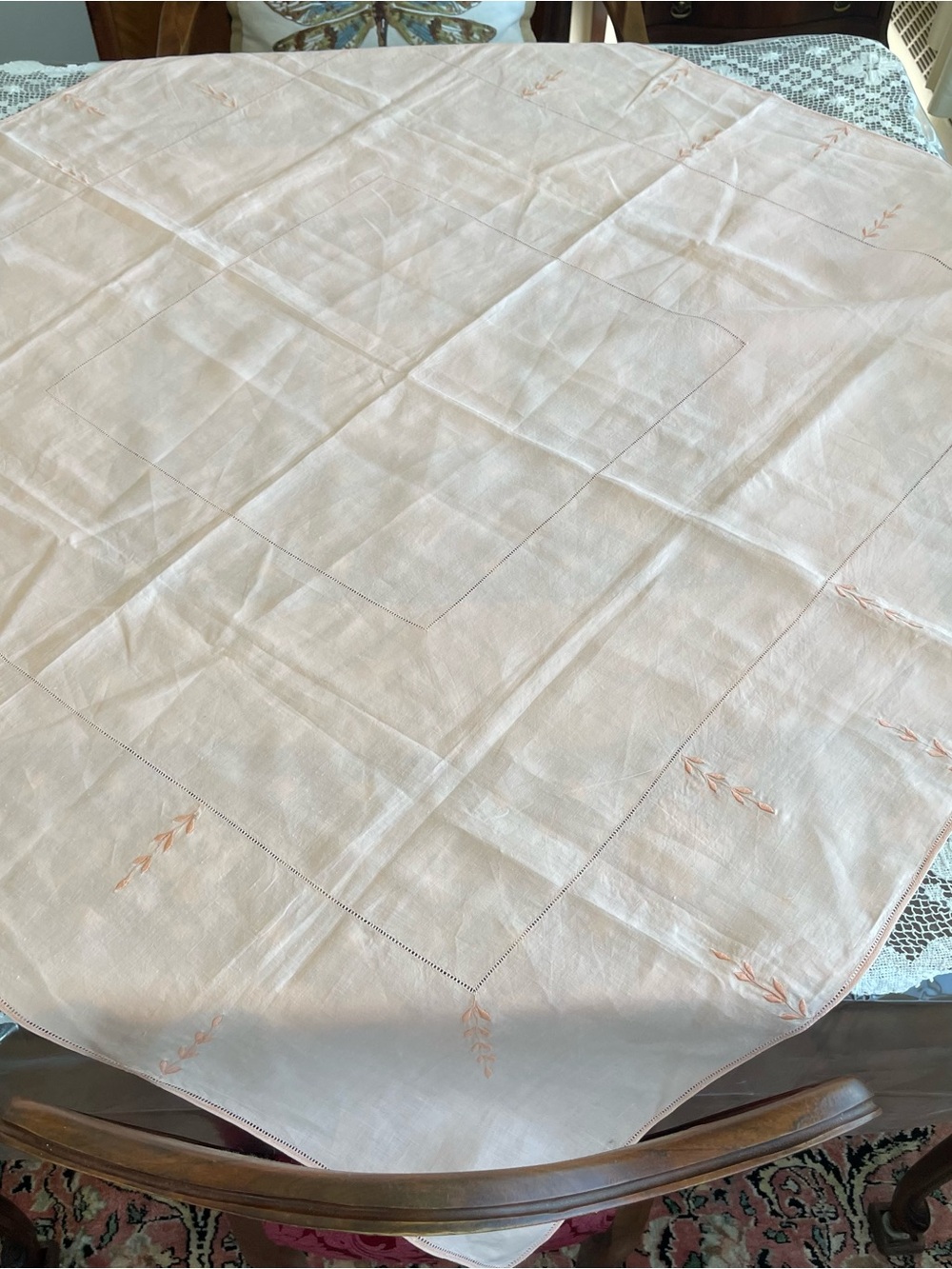Vintage Mid Century Embroidered Leaf  Peach Linen Cotton Tablecloth - 44x44 in - Picture 8 of 10